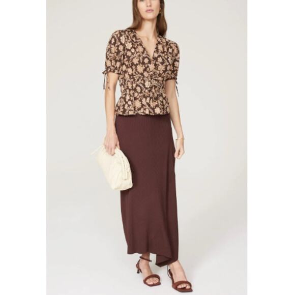 10 Crosby Derek Lam Size 8 Puff Sleeve VNeck Rhea Blouse Top Resort Brown Floral - Picture 1 of 14